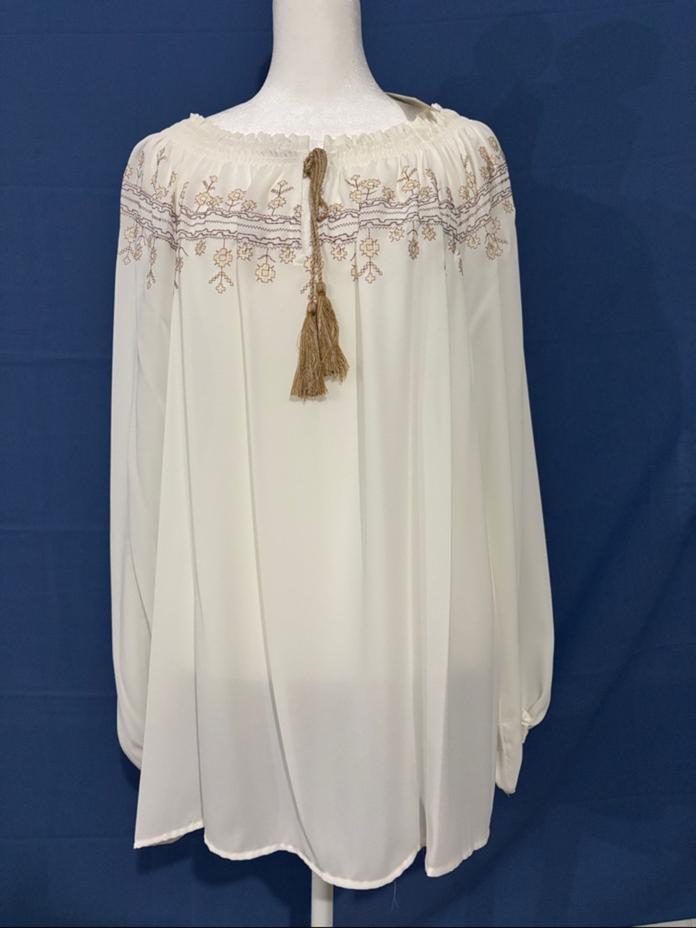 Boho Investments Off-White Embroidered Peasant Blouse with Gold Tassel